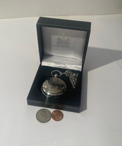 Vintage Metal Pocket Watch, Dragon, Clock, Time Piece, Style, Fashion, Clothing Accessory, In Box