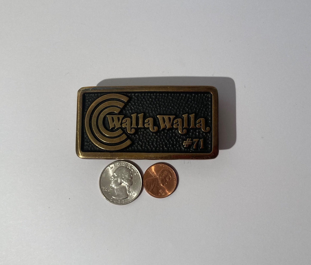 Vintage 1988 Metal Brass Belt Buckle, Walla Walla, 71, Fun, Nice Design, Heavy Duty, Quality, Fashion, Belts, Shelf Display, Free Shipping