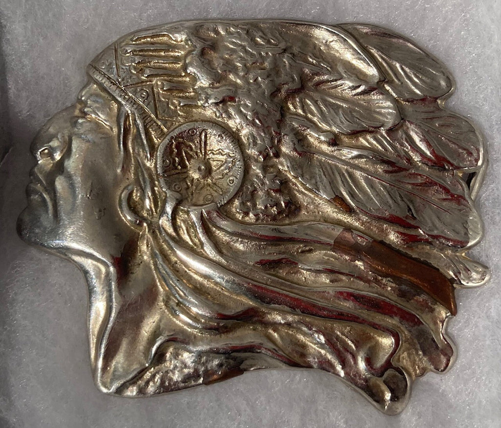Vintage Metal Chrome Belt Buckle, Native American, Indian Chief Head, Western, Heavy Duty, Quality, Made in USA, Clothing Accessory