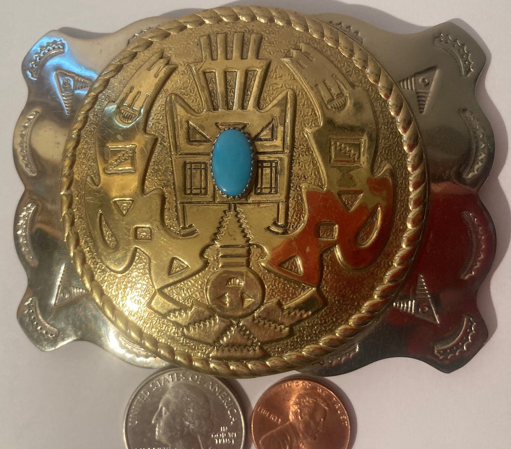 Vintage Metal Belt Buckle, Cowboy Style, Nickle Silver, Bell Trading Post, Turquoise, Heavy Duty, Quality, Thick Metal, Country and Western