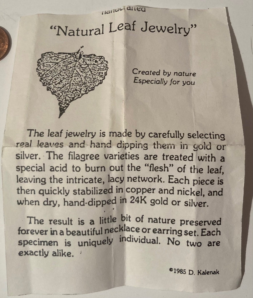 3 Vintage 1985 Natural Leaf Jewelry Pendants, Hand Made, Real Leafs, Each Specimen is Uniquely Individual, No Two Are Exactly Alike, Quality