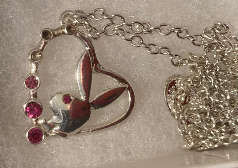 Vintage Metal Silver Necklace with Playboy Bunny, Pink and Clear Crystal Stones, Stamped Playboy on Back, Quality, Nice, Fashion, Sexy, Fun