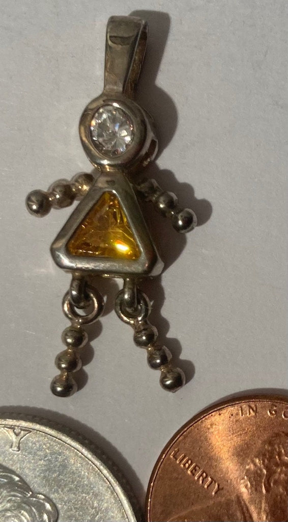 Vintage Sterling Silver 925 Metal Pendant, Girl, Yellow and Clear Stones, Nice Design, Pendant for Necklace, Bracelet, Ankle, Fashion