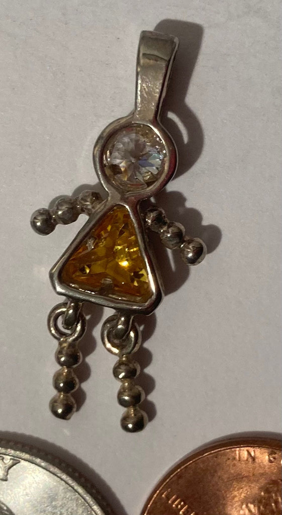 Vintage Sterling Silver 925 Metal Pendant, Girl, Yellow and Clear Stones, Nice Design, Pendant for Necklace, Bracelet, Ankle, Fashion