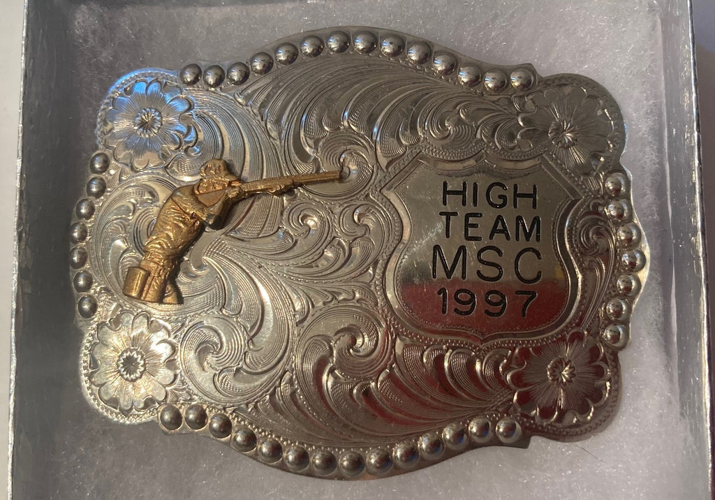 Vintage 1997 Metal Belt Buckle, Shooting, Gun, Skeet, Birds, High Team MSC, German Silver, Cowboy Style, Silver and Brass, Heavy Duty