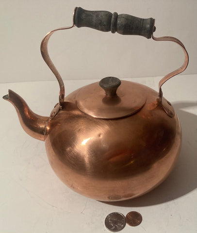 Vintage Metal Copper Teapot, Kettle, Wooden Handle, 9" x 8", Made in Portugal, Quality, Heavy Duty, Kitchen Decor, Table Display