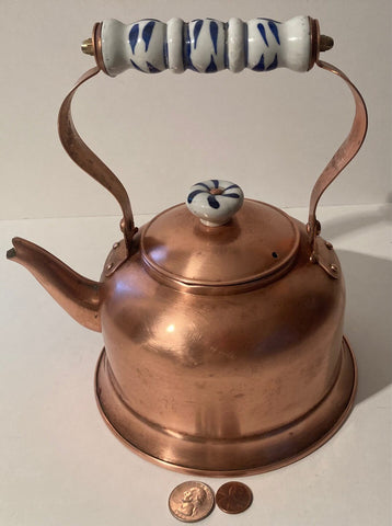 Vintage Metal Copper and Porcelain Teapot, Tea Kettle, Kitchen Decor, Table Display, Shelf Display, Use It, This Can Be Shined Up Even More