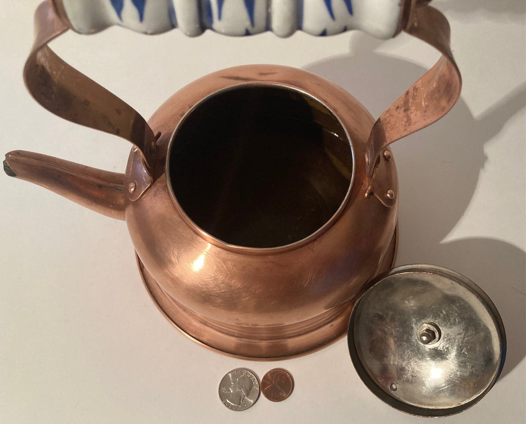 Vintage Metal Copper and Porcelain Teapot, Tea Kettle, Kitchen Decor, Table Display, Shelf Display, Use It, This Can Be Shined Up Even More