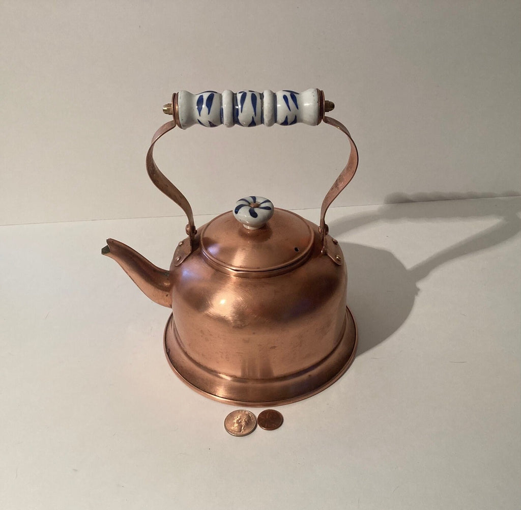 Vintage Metal Copper and Porcelain Teapot, Tea Kettle, Kitchen Decor, Table Display, Shelf Display, Use It, This Can Be Shined Up Even More