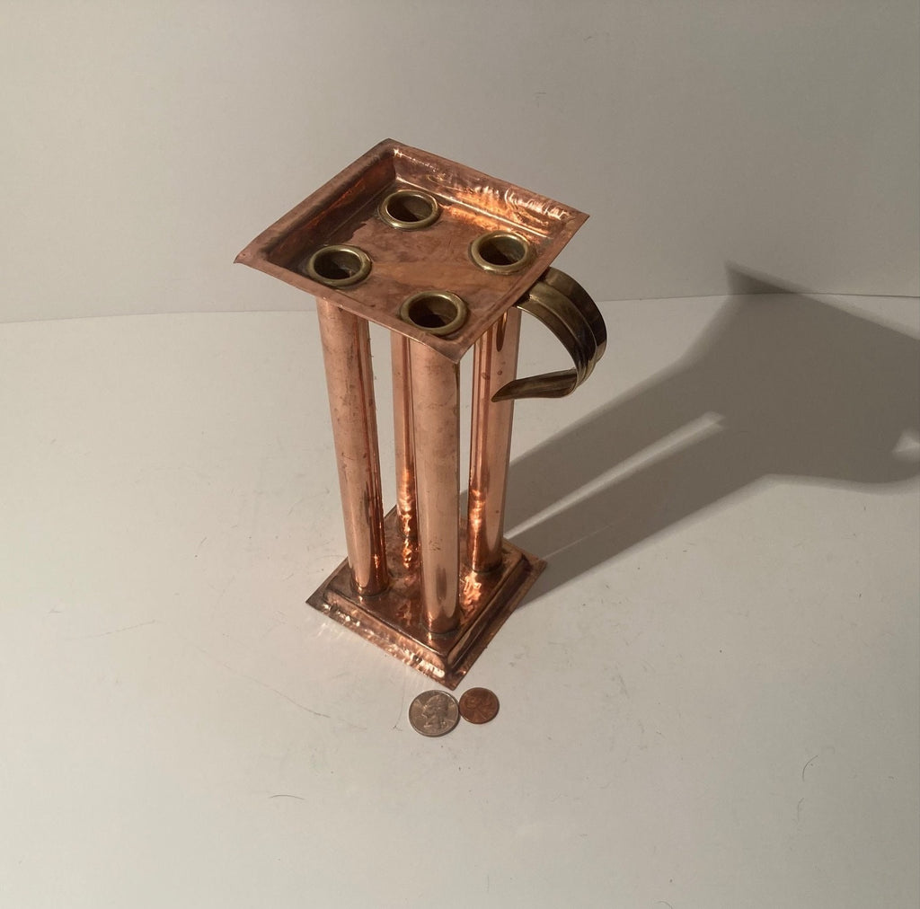 Vintage Metal Copper and Brass 4 Candlesticks Holder, 9" Tall, and 3 1/2" x 3 1/2" Base, Brass Handle, Corked Bottom, Heavy Duty, Quality