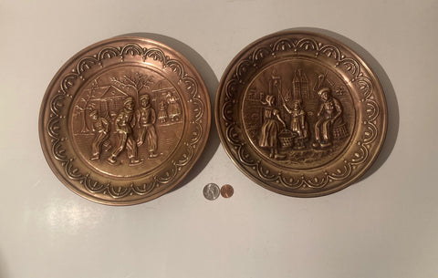 Vintage Metal Set of 2 Brass Plate Wall Hangings, 10" Wide, Made in England, Quality, Heavy Duty, Kids, Women, People, Home Decor