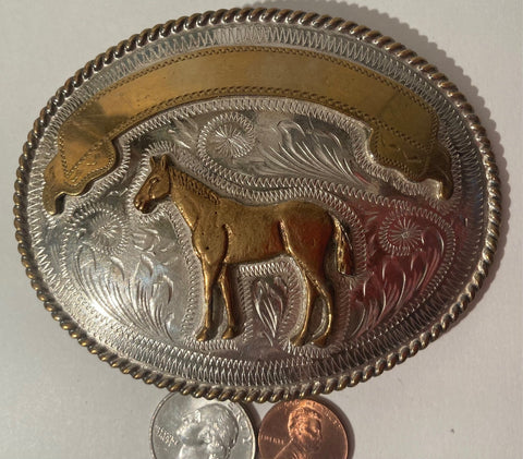 Vintage Metal Belt Buckle, Horse, 3 3/4" x 3", Alpaca Silver, Made in Mexico, Country and Western, Cowboy, Quality, Heavy Duty, Fashion