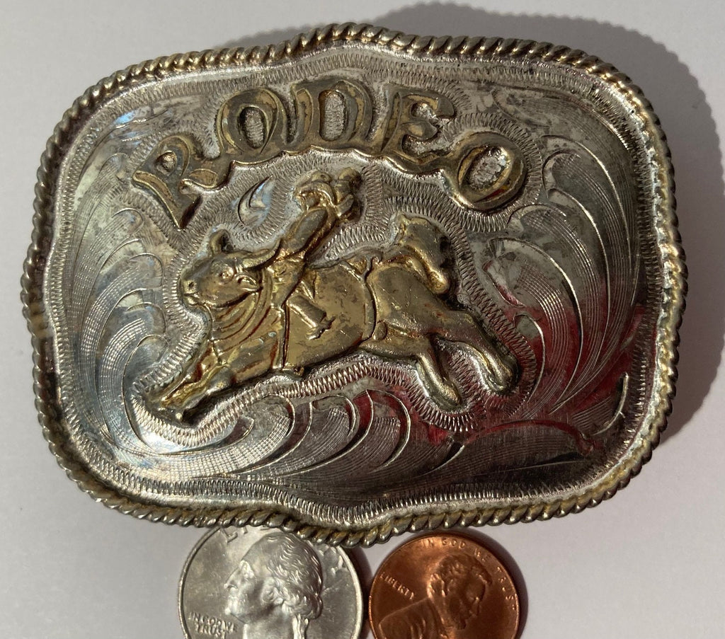 Vintage Metal Silver and Brass Belt Buckle, Bull Riding, Rodeo, Country and Western, Western Wear, Fun, Nice Design, Heavy Duty, Quality