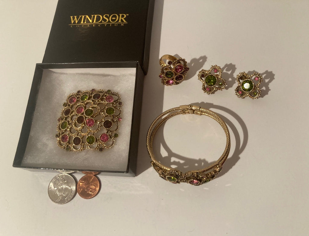 5 Piece Vintage Windsor Collection, Broach, Earrings, Ring, Bracelet, Matching Set, Purple, Pink, Sparkly, Quality, Fashion, Accessory, Nice