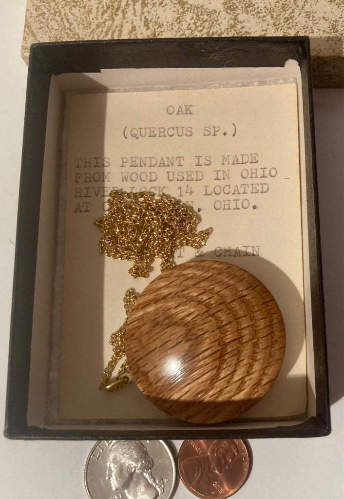 Vintage Hand Crafted Wooden Pendant and Chain, Made From Wood Used In Ohio River Lock 14, Located At Clarington, Ohio, Art, Fashion