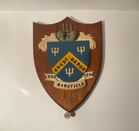 Vintage Wooden and Metal Navy Plaque, U.S.S. Mansfield DD-728, U.S. Navy, Destroyer, Ship, 16" x 12"