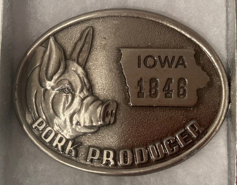 Vintage Metal Belt Buckle, Iowa Pork Producer, Pig, Sow, Oink, Piggy, Bacon, Ham, Heavy Duty, Quality, Fashion, Belts, Shelf Display