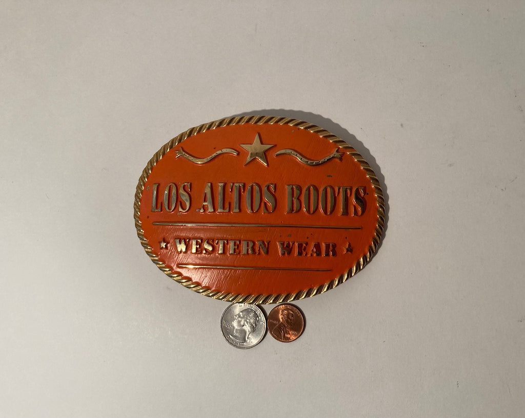 Vintage Metal Belt Buckle, Los Altos Boots, Western Wear, Rodeo, Country & Western, Fun, Big Size, 5" x 4", Nice Design, Heavy Duty