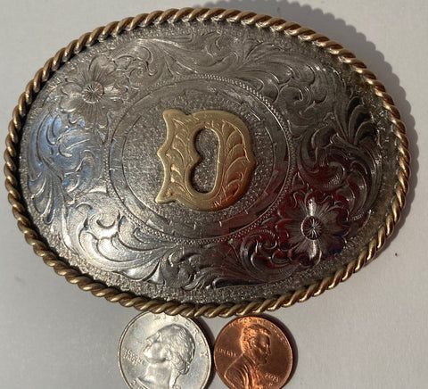 Vintage Metal Belt Buckle, Letter D, Initial, Monogram, Cowboy Style, 3 3/4" x 2 1/2", Silver and Brass, Heavy Duty, Quality, Thick Metal