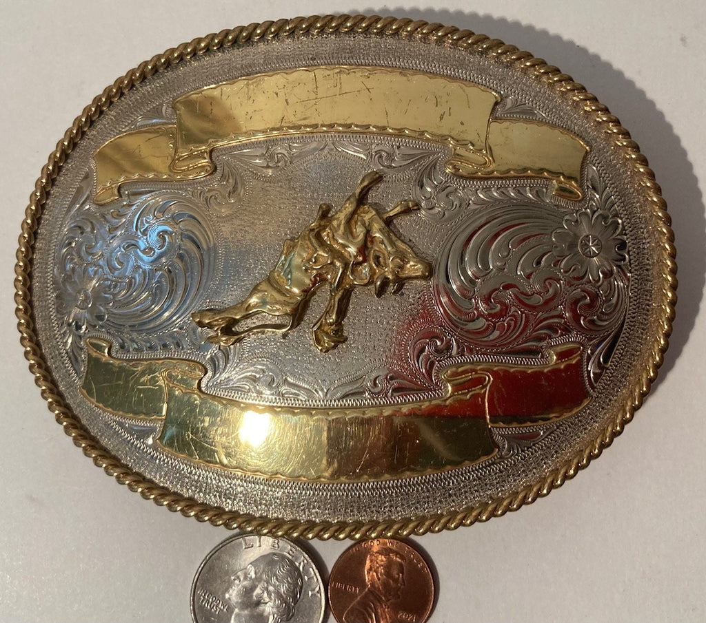 Vintage Metal Belt Buckle, Bull Riding, Montana Silversmiths, Cowboy Style, 4 3/4" x 3 1/2", Heavy Duty, Quality, Made in USA, For Belts