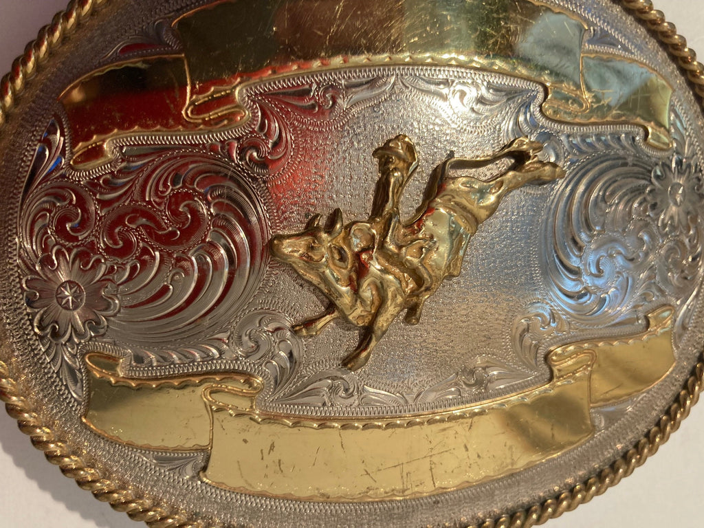 Vintage Metal Belt Buckle, Bull Riding, Montana Silversmiths, Cowboy Style, 4 3/4" x 3 1/2", Heavy Duty, Quality, Made in USA, For Belts