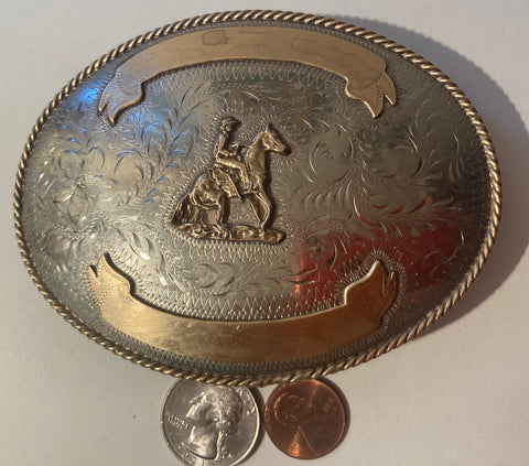 Vintage Metal Belt Buckle, Bigger Sizer, 4 1/2" x 3", Cowboy Style, Silver and Brass, Heavy Duty, Quality, Thick Metal, For Belts, Fashion