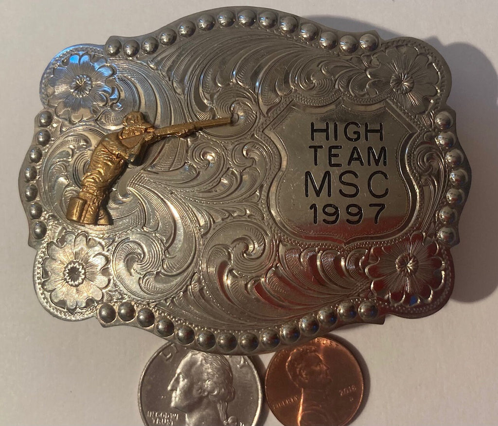 Vintage 1997 Metal Belt Buckle, Shooting, Gun, Skeet, Birds, High Team MSC, German Silver, Cowboy Style, Silver and Brass, Heavy Duty