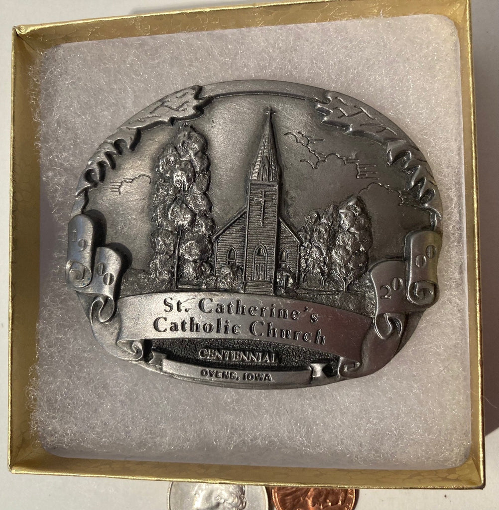 Vintage Metal Belt Buckle, St. Catherine's Catholic Church, Ovens, Iowa, 3" x 2 1/2", Heavy Duty, Quality, Made in USA, For Belts, Fashion