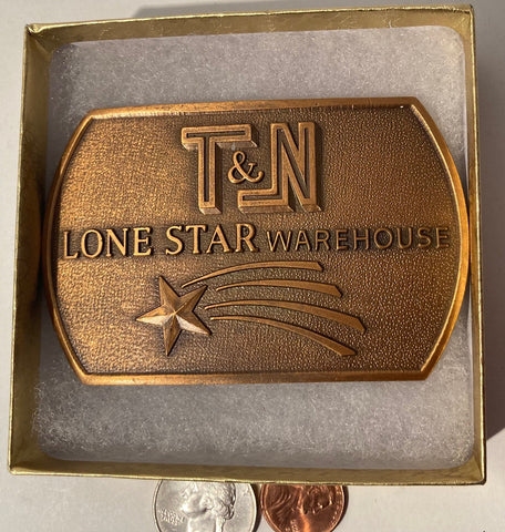 Vintage Metal Belt Buckle, T & N Lone Star Warehouse, Western, 3 1/2" x 2 1/4", Heavy Duty, Quality, Made in USA, For Belts, Fashion