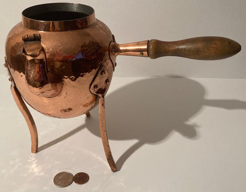 Vintage Metal Copper Fondue, Teapot, Kettle, Coffee Pot, Wood Handle, 8" Tall and 10" Wide with Handle, Hammered Metal, 3 Legged