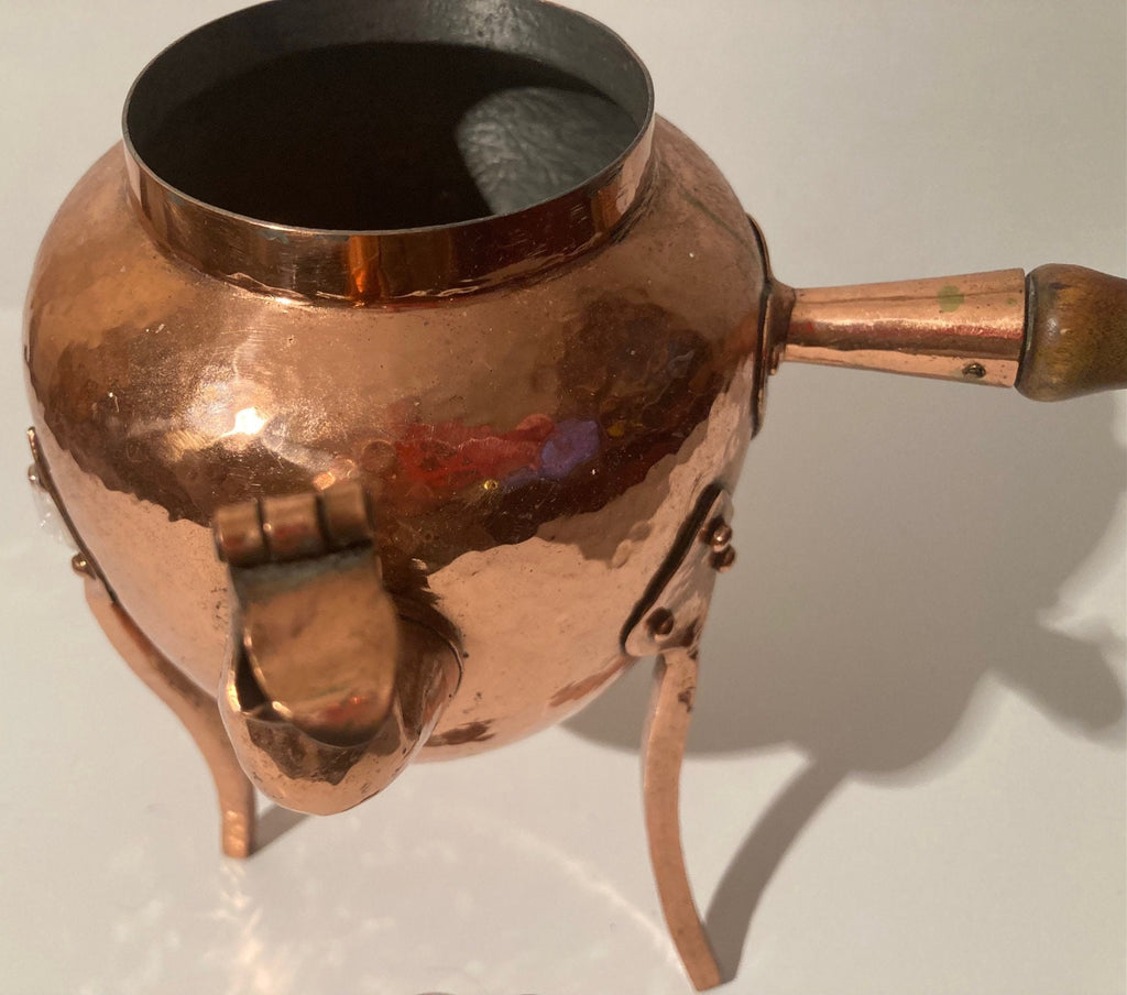 Vintage Metal Copper Fondue, Teapot, Kettle, Coffee Pot, Wood Handle, 8" Tall and 10" Wide with Handle, Hammered Metal, 3 Legged