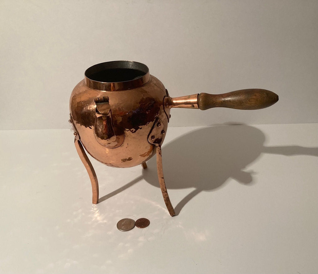 Vintage Metal Copper Fondue, Teapot, Kettle, Coffee Pot, Wood Handle, 8" Tall and 10" Wide with Handle, Hammered Metal, 3 Legged