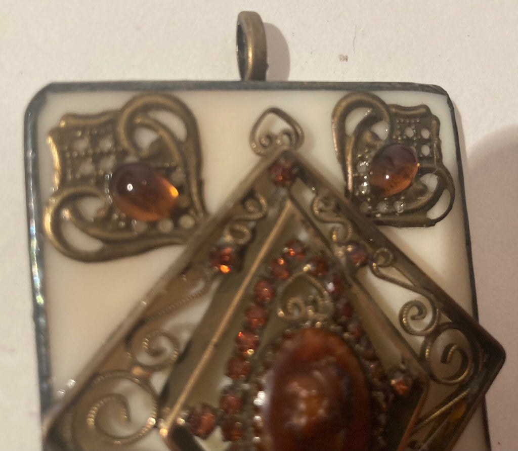 Vintage Hand Crafted Stained Glass Window Pendant, Charm, Big Size, 2 1/2" x 2", Quality, Heavy Duty, Cameo Girl, Nice, Fashion, Accessory