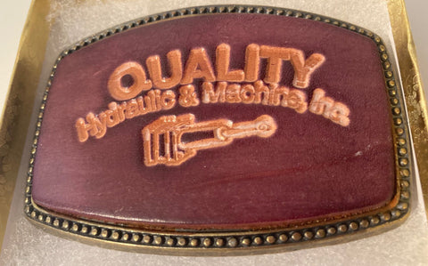 Vintage Metal Belt Buckle, Leather, Quality Hydraulic & Machine, Inc, 3 1/2" x 2 1/4", Heavy Duty, Quality, Thick Metal, Made in USA