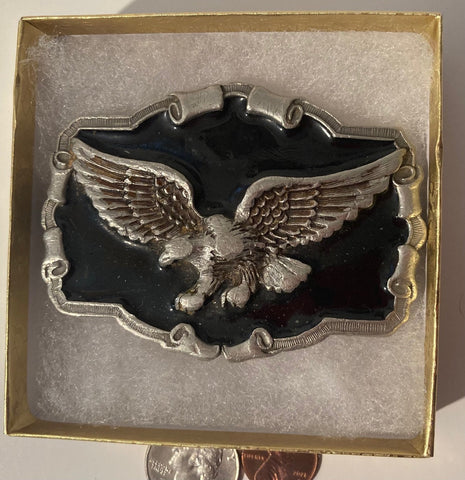 Vintage 1983 Metal Belt Buckle, American Bald Eagle, Black Enamel, 3 1/4" x 2 1/4", Heavy Duty, Quality, Thick Metal, Made in USA, For Belts