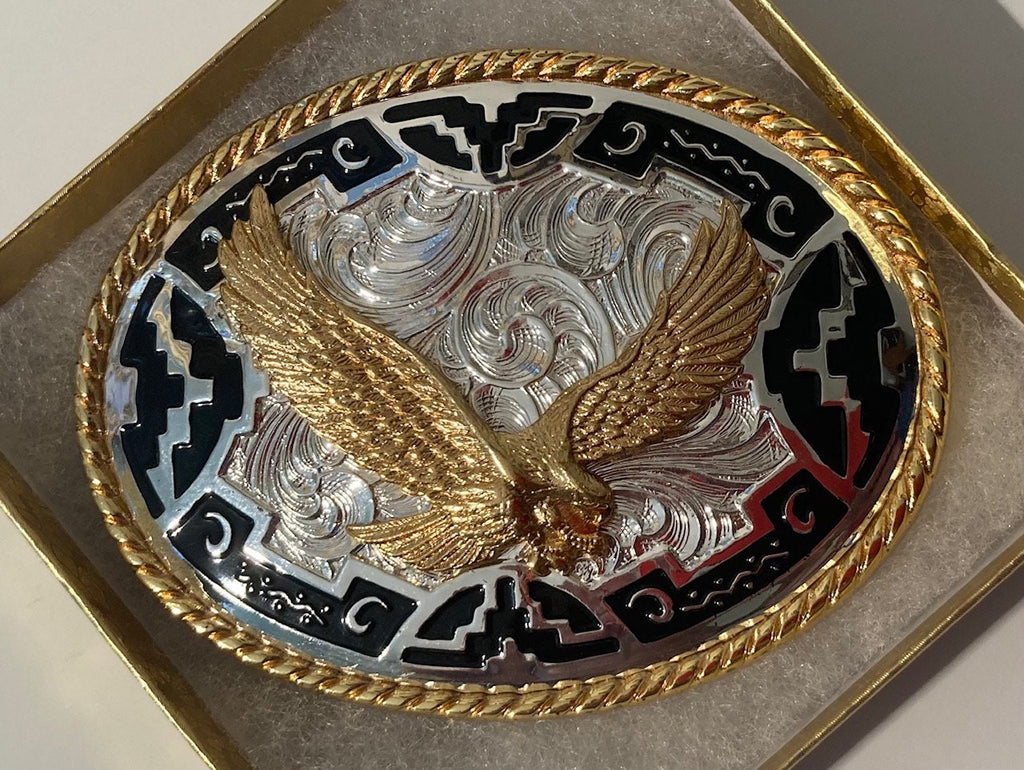 Vintage Metal Belt Buckle, Eagle, Silver Gold and Black, 3 1/2" x 2 3/4", Heavy Duty, Quality, Thick Metal, For Belts, Fashion