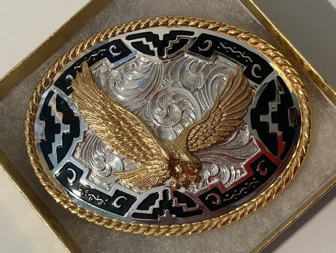 Vintage Metal Belt Buckle, Eagle, Silver Gold and Black, 3 1/2" x 2 3/4", Heavy Duty, Quality, Thick Metal, For Belts, Fashion