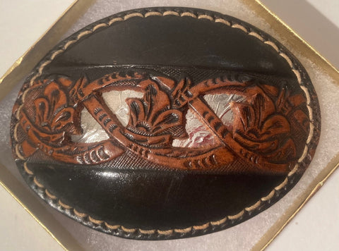 Vintage Metal Belt Buckle, Black and Brown Leather, Hand Tooled, Custom, Rose Design, Fun, Nice Design, Heavy Duty, Quality, Made in USA