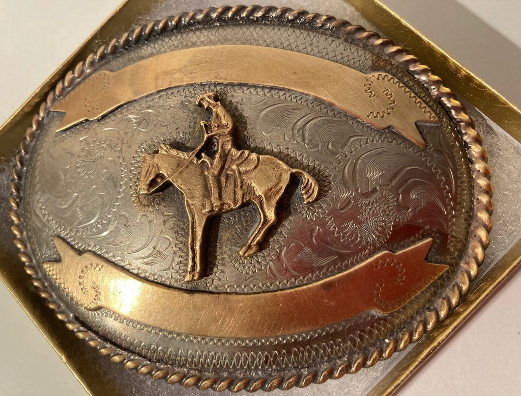 Vintage Metal Brass and Silver Belt Buckle, Cowboy on a Horse, Country & Western, Alpaca Silver, Quality, Heavy Duty, Fashion, Belts