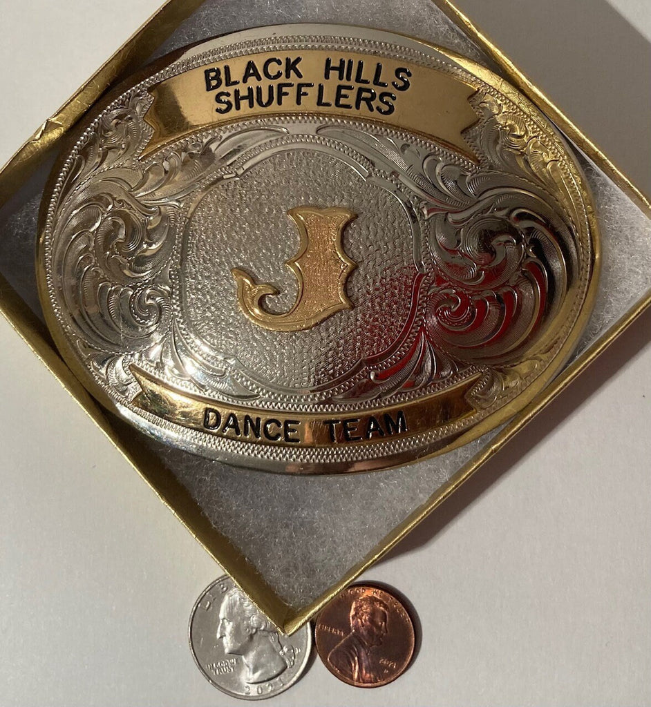 Vintage Metal Brass and Silver Belt Buckle, Black Hills Shufflers Dance Team, Letter J, Montana Silversmiths, German Silver, Country