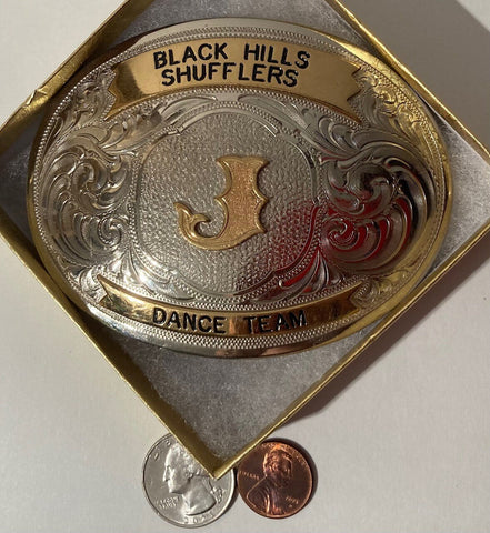 Vintage Metal Brass and Silver Belt Buckle, Black Hills Shufflers Dance Team, Letter J, Montana Silversmiths, German Silver, Country