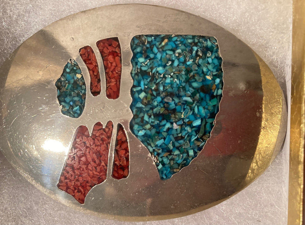 Vintage Metal Belt Buckle, Silver and Turquoise, Heavy Duty, 3 1/2" x 2 1/2", Weighs 6 Ounces, Quality, Cowboy Style, Thick Metal, Country