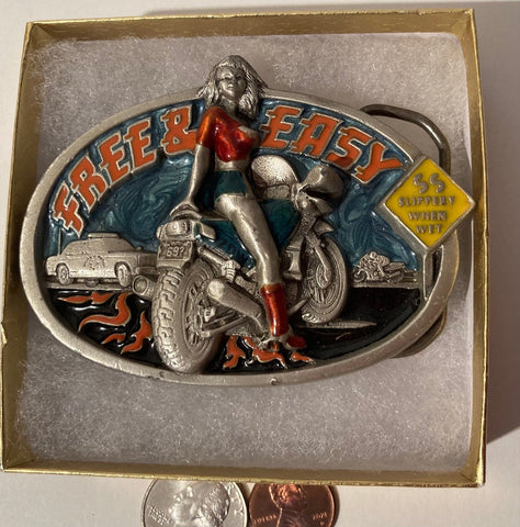 Vintage 1992 Metal Belt Buckle, Free and Easy, Slippery When Wet, Hot Babe On A Motorcycle, Country & Western, 3 1/2" x 2 1/4", Made in USA