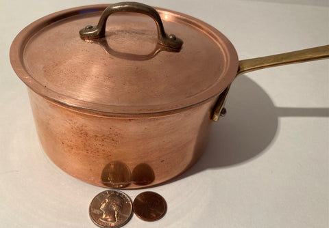 Vintage Metal Copper and Brass Cooking Pot, Pan, with Lid, 10 1/2" Long and  5" x 2 1/2" Pot Size, Kitchen Decor, Hanging Display