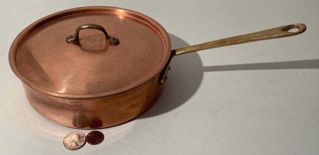 Vintage Metal Copper and Brass Cooking Pot, Pan, with Lid, 13 1/2" Long and  7 1/4" x 2" Pot Size, Kitchen Decor, Hanging Display