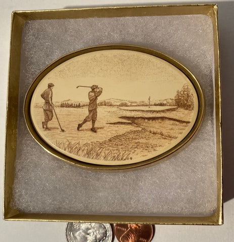 Vintage 1983 Metal Belt Buckle, Brass, Thick Metal, Golf, Gofling, Fun, Sports, Outdoors, 3" x 2 1/4", Heavy Duty, Quality, Made in USA