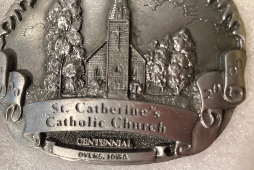 Vintage Metal Belt Buckle, St. Catherine's Catholic Church, Ovens, Iowa, 3" x 2 1/2", Heavy Duty, Quality, Made in USA, For Belts, Fashion