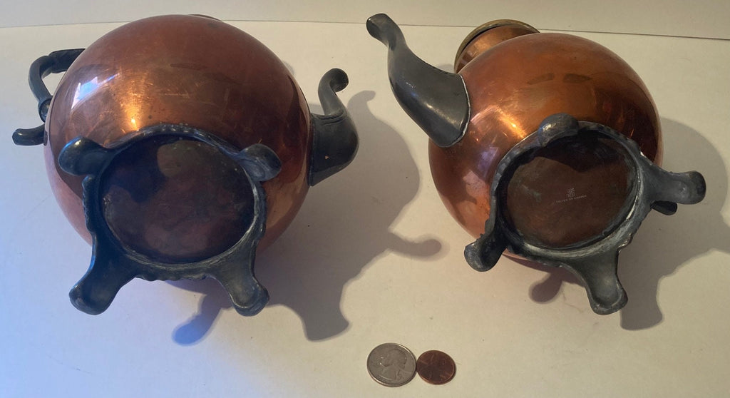 Set of 2 Copper and Silver Teapots, Kettles, Coffee, Pewter, Quality, Heavy Duty, Silver On Copper, Bigger One is 10" x 7 1/2", Nice