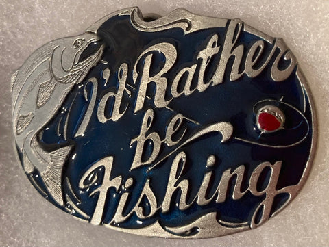 Vintage Metal Belt Buckle, I'd Rather Be Fishing, 2 3/4" x 2 1/4", Heavy Duty, Quality, Made in USA, For Belts, Fashion, Shelf Display, Fun