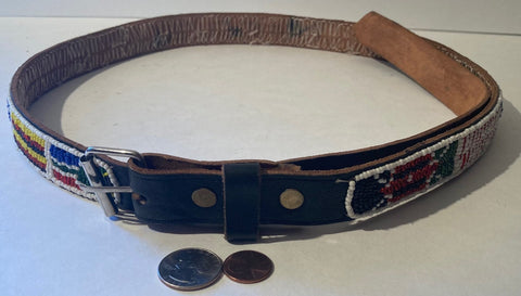 Vintage Leather Glass Beaded Belt and Buckle, 11 Different Country Flags, Hand Tooled, So Nice, Belts, Quality, Hand Made in USA